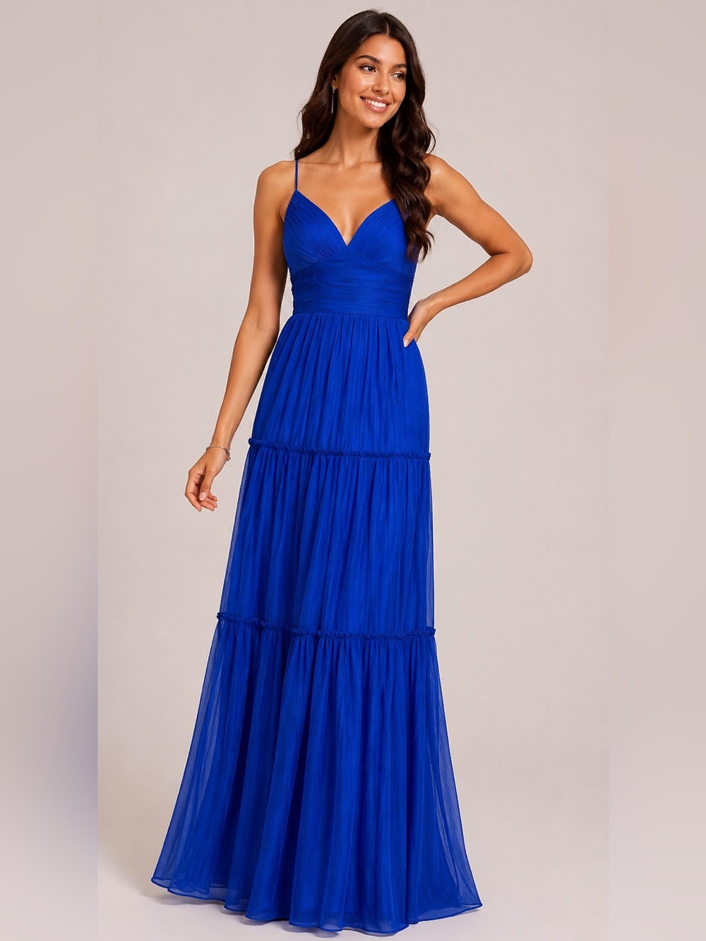 Betsy & Adam Royal Blue Pleated Tiered Formal Gown Wedding Guest Homecoming